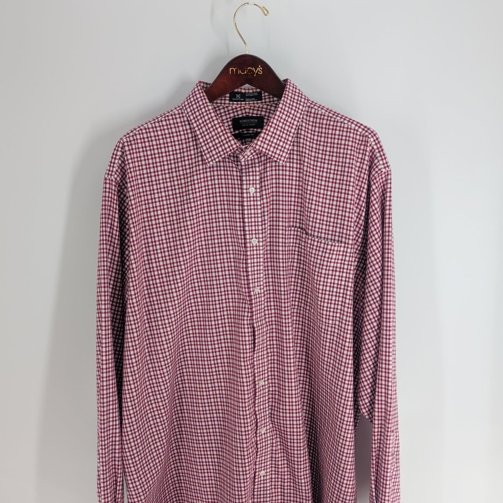 Nordstrom Classic Fit Wrinkle Free Gingham Check Western Dress Shirt Red Size 37